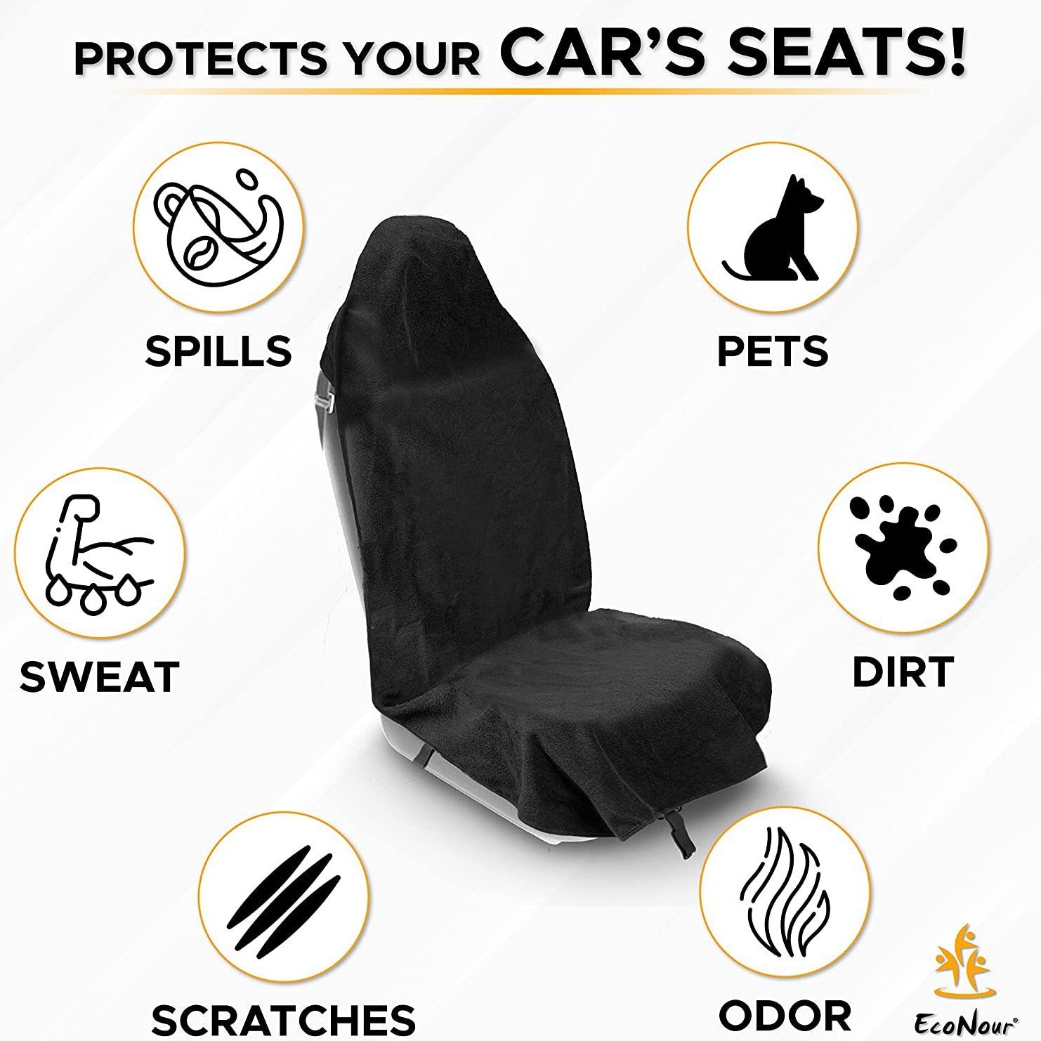 Black car seat cover with icons indicating its protective features on a white background
