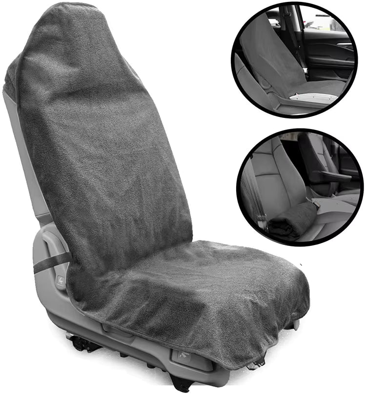 Gray car seat cover on a white background with inset images showing the seat from different angles.