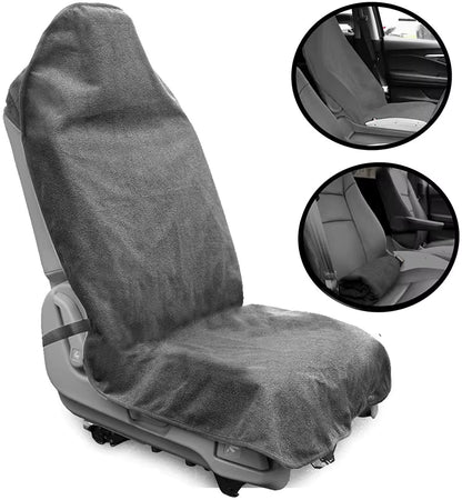 Gray car seat cover on a white background with inset images showing the seat from different angles.